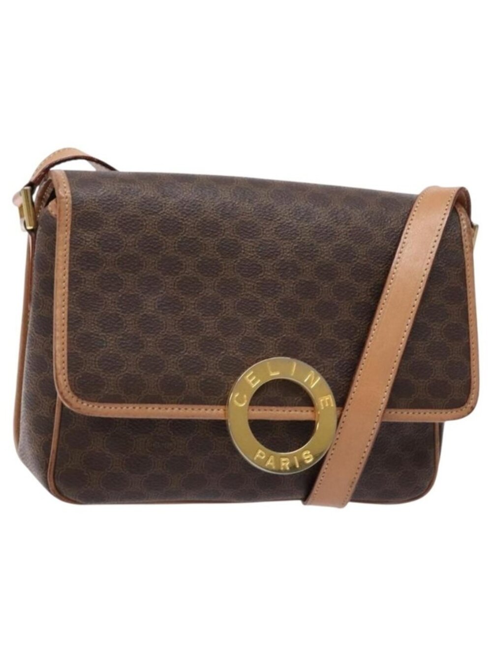 Authentic CELINE Macadam Canvas Shoulder Bag PVC Leather Brown Gold